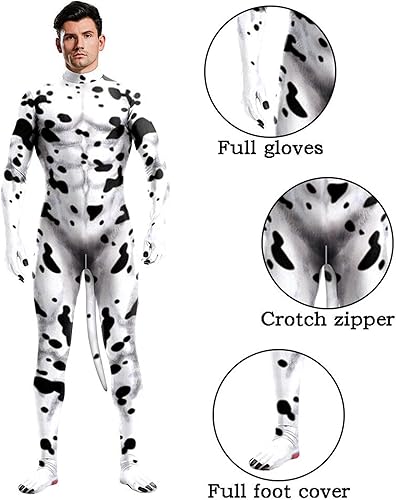 Miniatura 4 de Disfraz de dálmata de Halloween con máscara de capucha de perro, body completo de dálmata, zentai 3D animal cachorro musculoso mono para hombre