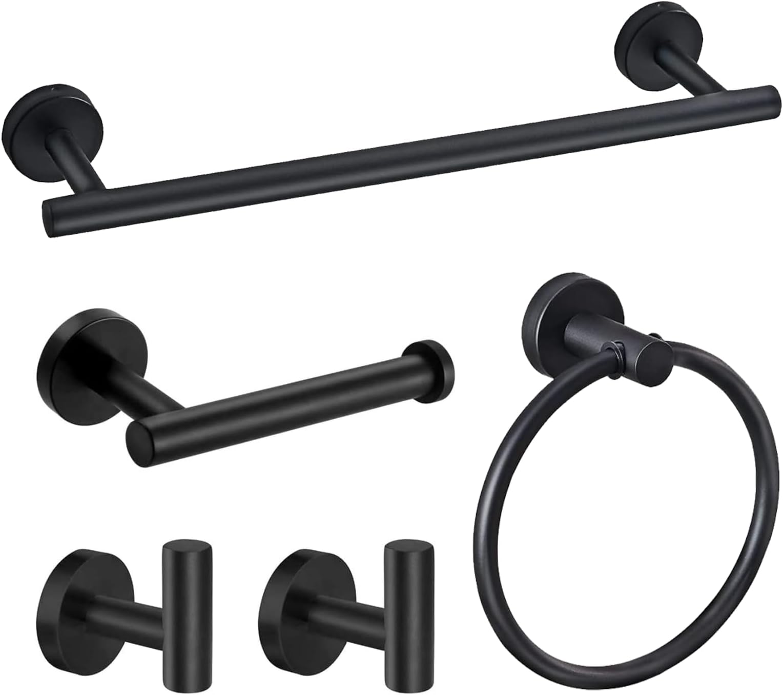 JUSTHERE 5 Pieces Matte Black Bathroom Hardware Set, Bathroom Accessories Stainless Steel Wall Mounted, Including 16" Towel Bar, Toilet Paper Holder, Towel Ring, Towel Hook, Towel Racks for Bathroom