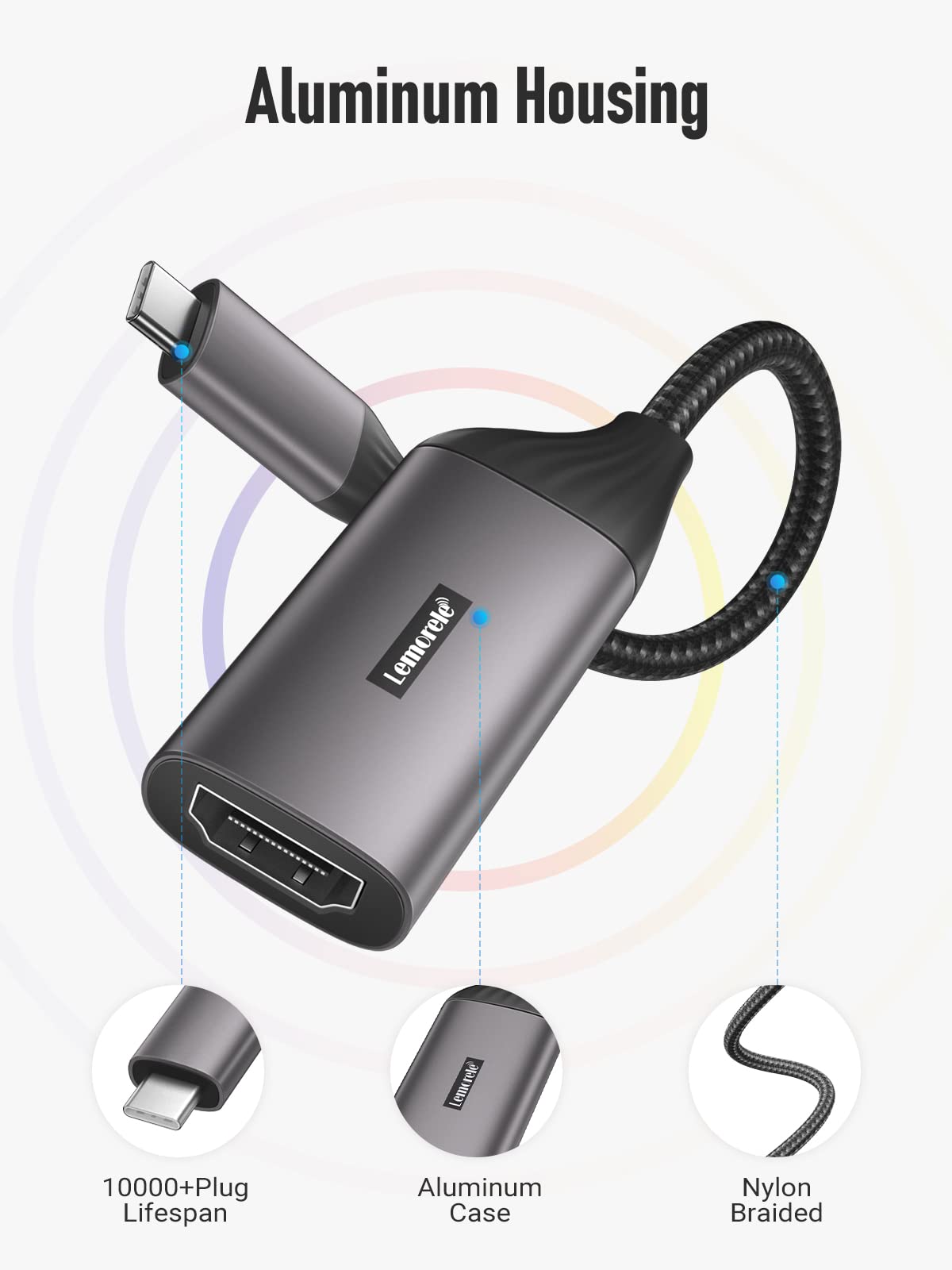 Lemorele Adattatore USB C HDMI(4K@30Hz), USB C HDMI con Alloggiamento in Alluminio e Cavo in Nylon, Adattatore HDMI Compatibile con MacBook Air/Pro M1, iPad M1, Cellulare, Switch, Windows e altro