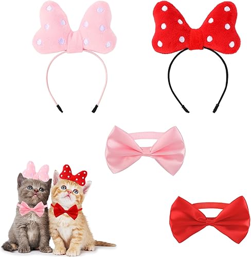 Whaline Paquete de 4 diademas para mascotas para el día de San Valentín y collar con pajarita lindo accesorio de disfraz de mascota de lunares rojos