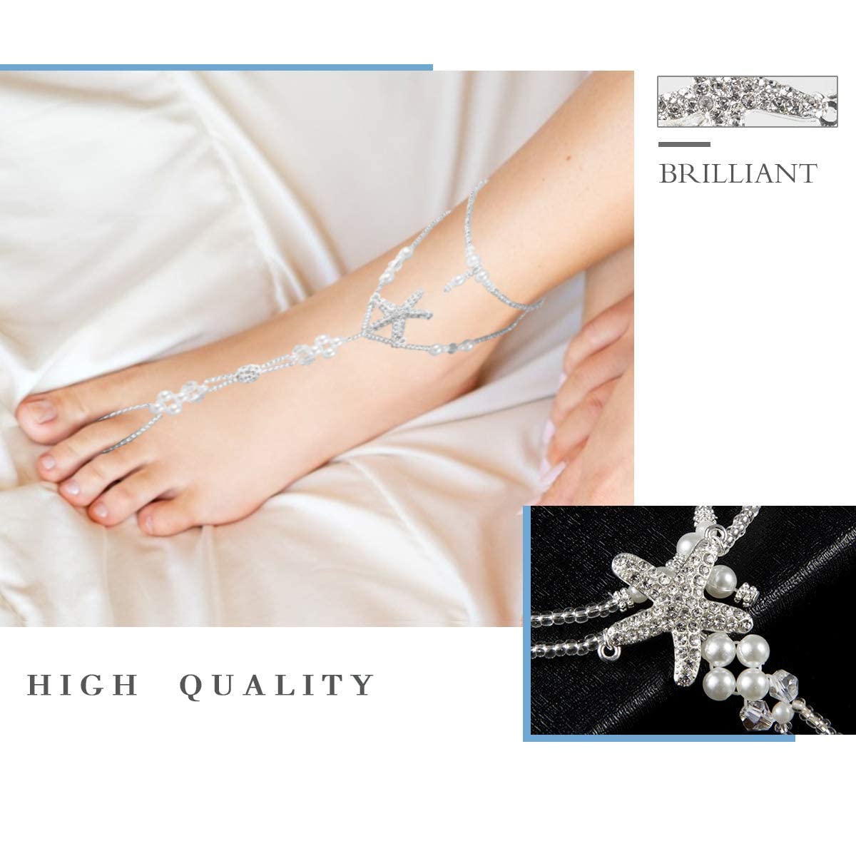 2 Pairs Barefoot Sandals- Beach Anklet Chain with Starfish for Women Lady's Beach Wedding Foot Jewelry Party Accessories: Seastar + Scallop