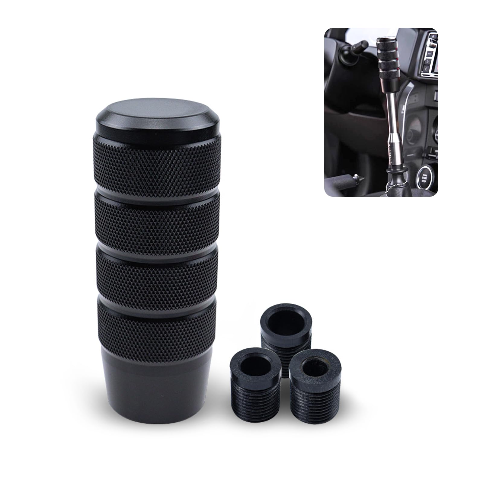 UGSHY 1 PC Car Gear Stick Shift Knob, 1.41" x 3.7" Knurled Stripe Anti-Slip Easy Grip Alloy Gear Shift Lever with 3 Thread Adapters M8 M10 M12, Universal Manual Automatic Transmission Vehicle (Black)