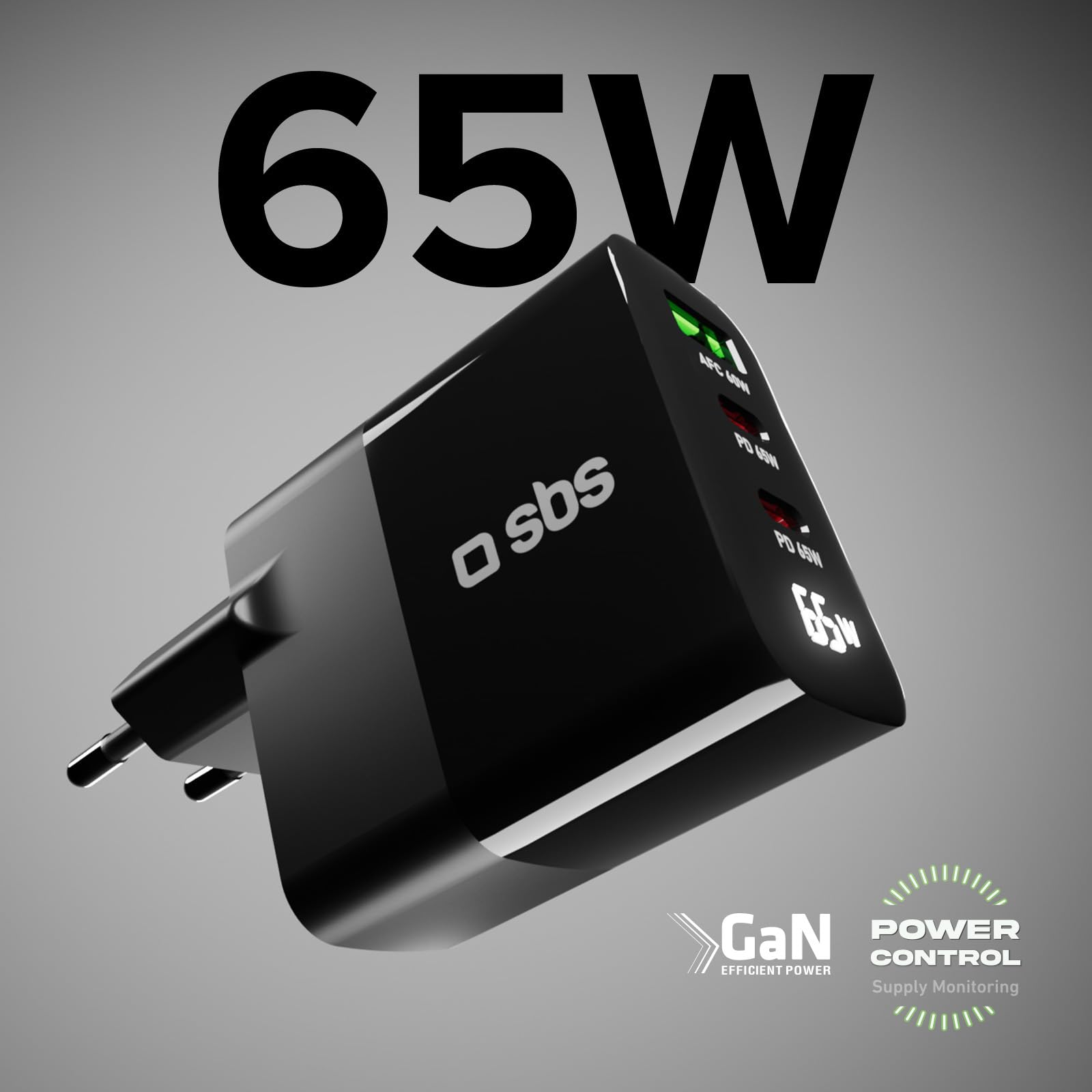 SBS Alimentatore LCD 65W, Tecnologia GaN, Power Delivery (PD), Ricarica Rapida, Caricabatterie USB-C e USB-A con Display LCD, Caricatore per iPhone, Samsung, Notebook, Nero