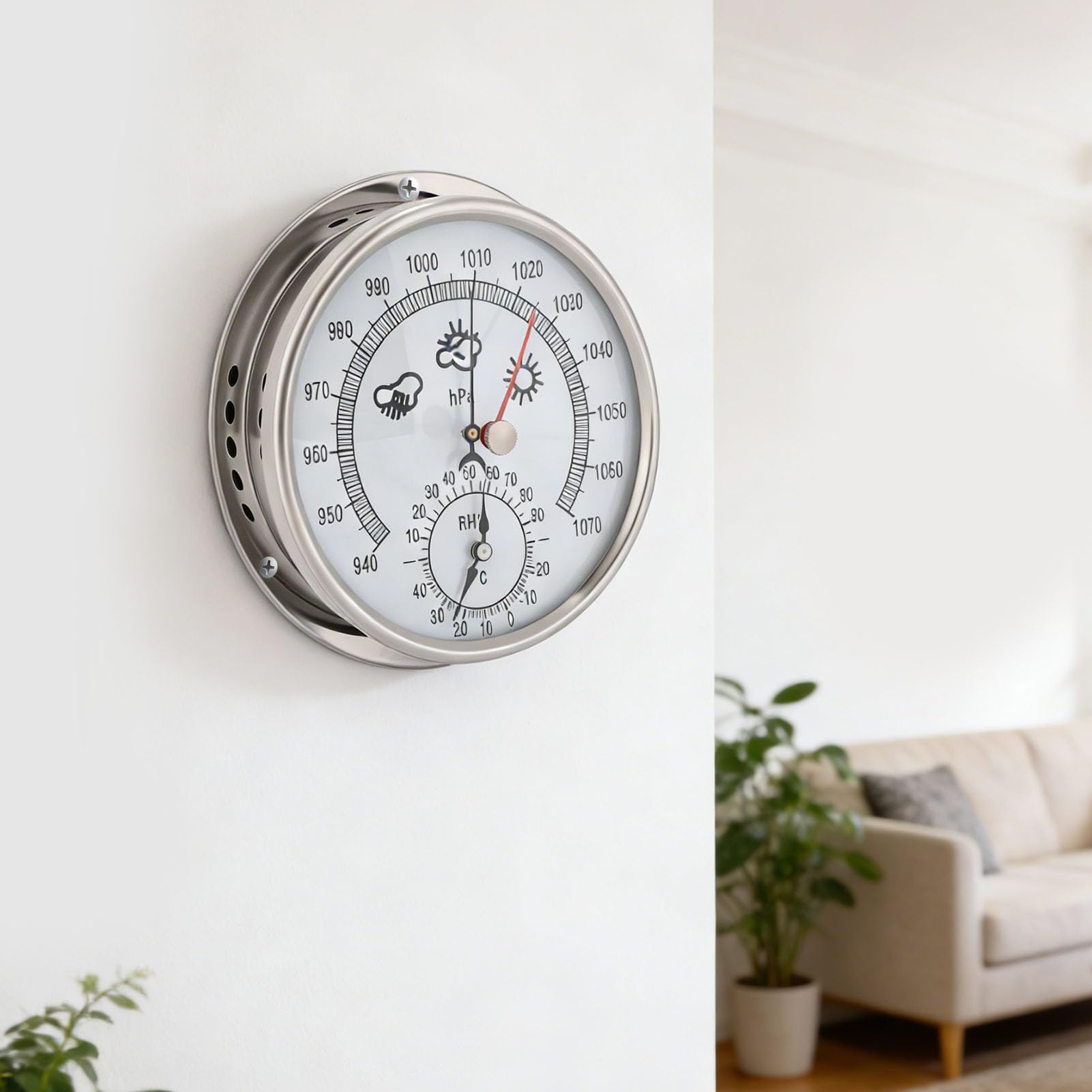 Fockety 3-in-1-Analog-Wetterstation, Wandhängendes Traditionelles Hygrometer-Thermometer-Barometer, Tragbare Wettervorhersagestation aus Edelstahl für Zuhause, Büro, Garten, Garage