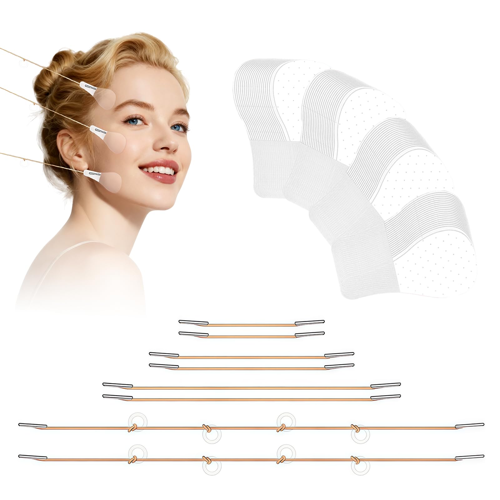 Tape Lifting Viso Set,Face Lifting Tape,Set di Nastri per il Viso contro il Doppio Mento,80 Adesivi Invisibili e 4 Corde di Sollevamento Riutilizzabili per un Contorno a V Istantaneo,Collo