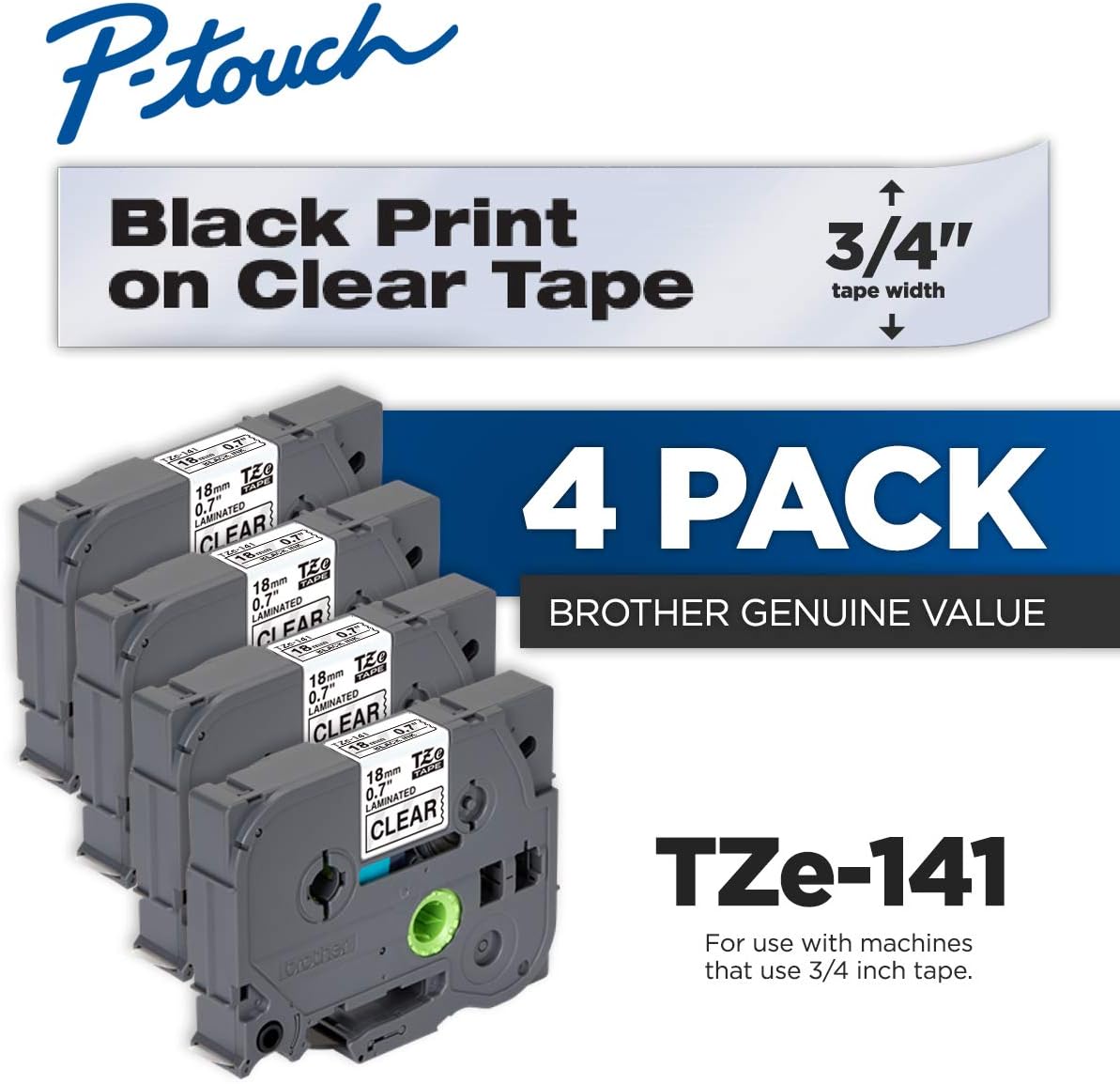Brother Genuine P-Touch 4-Pack TZe-141 Laminated Tape, Black Print on Clear Standard Adhesive Laminated Tape for P-Touch Label Makers, Each Roll is 0.7"/18mm (~ 3/4") Wide, 26.2 ft. (8M) Long - Image 2