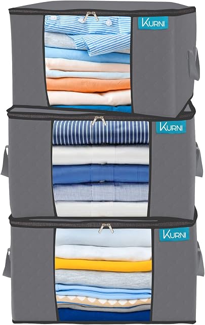 Kurni ® 90L Grey Storage Bag for Clothes, Bedding, Shoes & Duvet. Bags are Moth/Dust Proof, Ideal for House Moving or Laundry Bags with Clear Front Window. Size (60 x 43 x 35 cm)