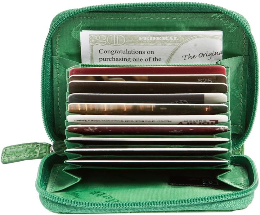 Women's Leather Cash Card Coin Accordion ID Zipper Wallet (Croco) Kelly Green