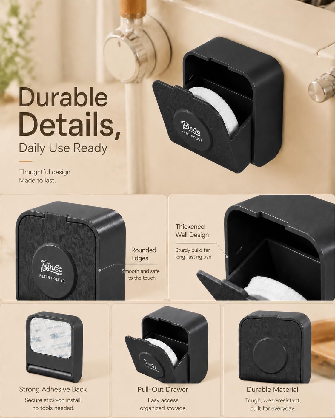 Coffee Filter Holder for 2.5 in Filters, with 100 Filters, Black