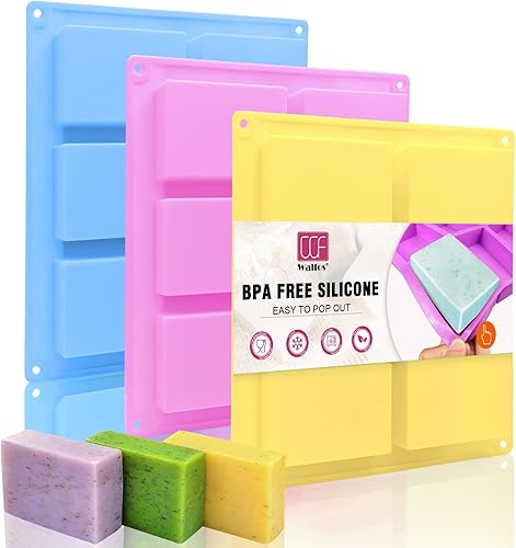 Walfos Molde de jabón. Moldes de silicona para hacer jabón sin BPA. 6 cavidades rectangulares de silicona para jabón artesanal casero, 3 piezas