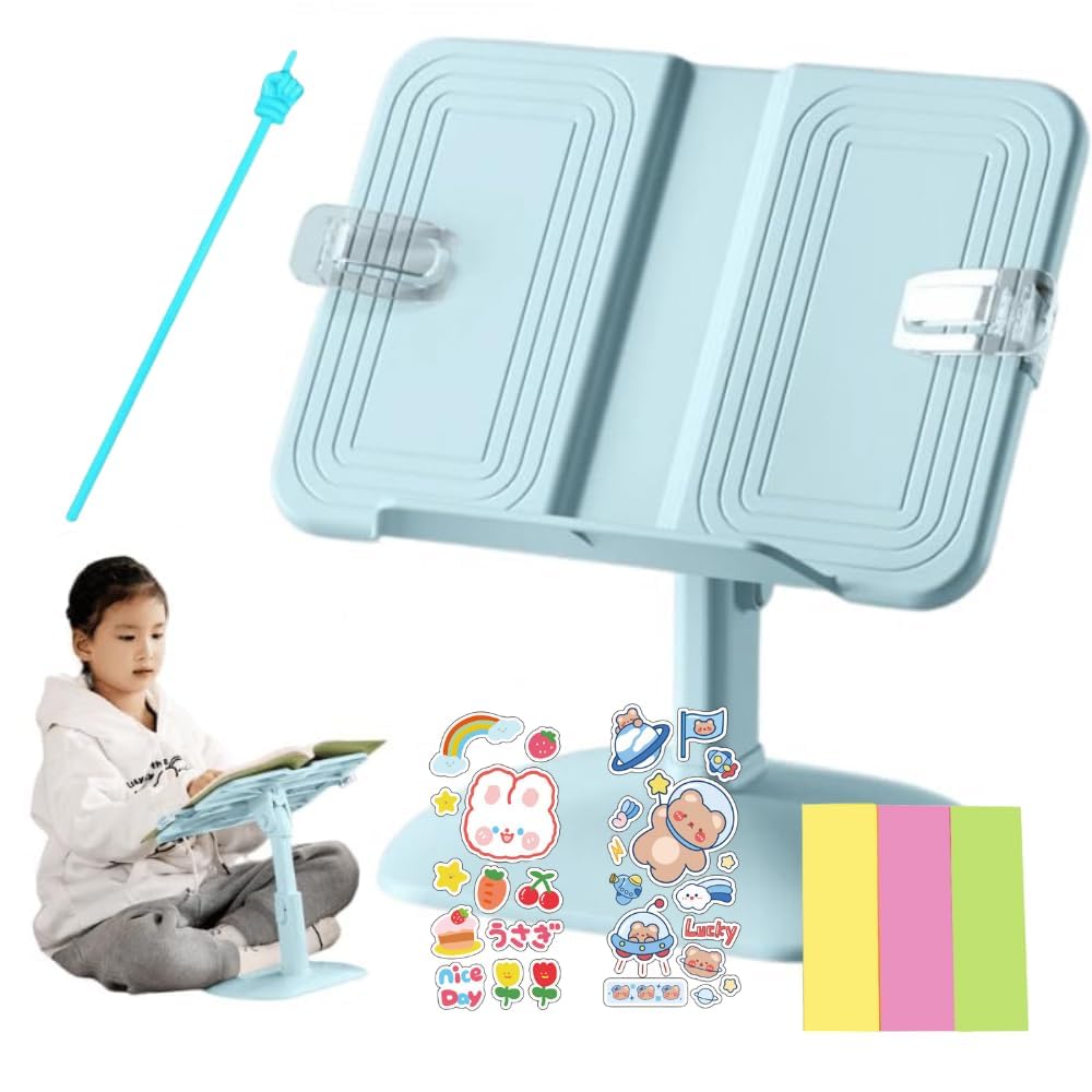 Jukusa Plastic Foldable Adjustable Book Stand for Study, Large Desktop Holder with Height & Angle Adjustment, Extendable Width, Non-Slip Base, Hands-Free Bookstand for Students, Blue with Sticky Notes