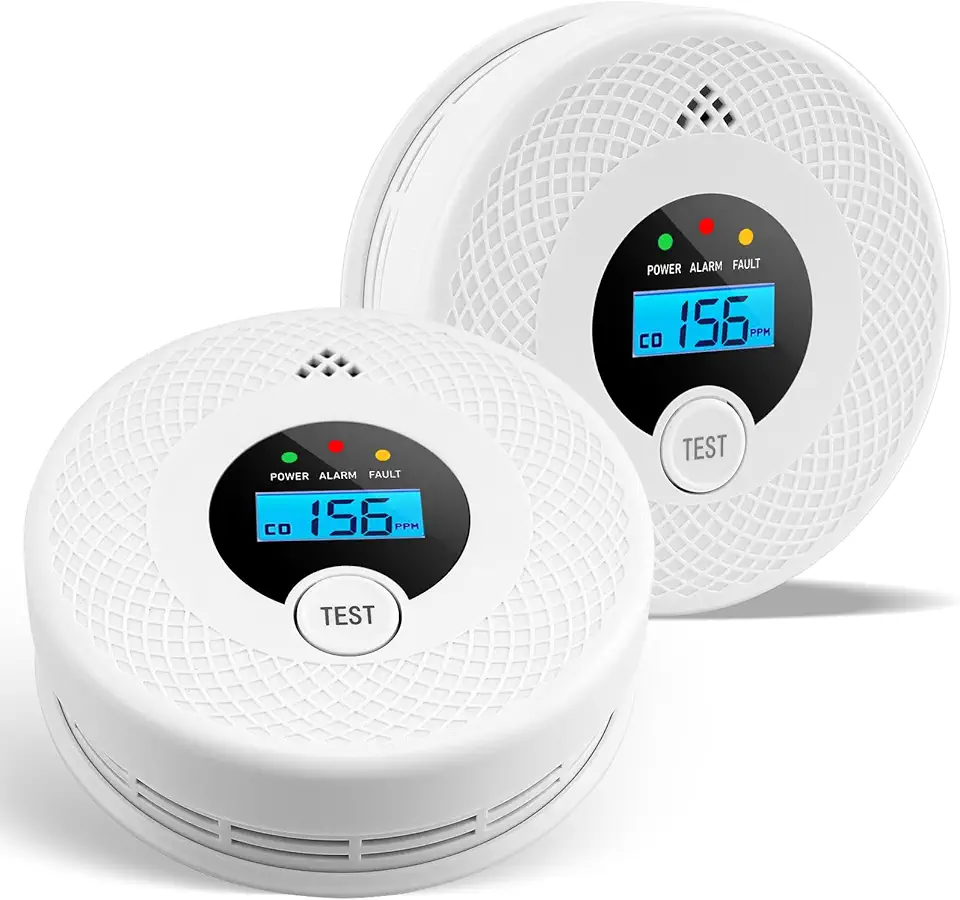 Pacote com 2 detectores de fumaça e monóxido de carbono com luzes indicadoras de LED, visor LCD e alarme de 85 dB, alarme de fumaça operado por bateria e detector de CO para casa, cozinha, porão