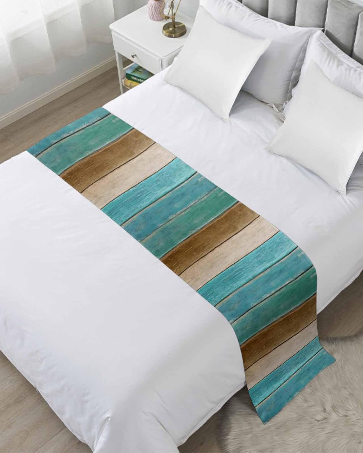 Yukro Gradient Bed Runner Scarf, Turquoise Brown Wooden Board Gradient Farmhouse Country King Bed Scarf Runner, No Fading Decorative Bedding Scarf for Bedroom Hotels Homes and Guestrooms