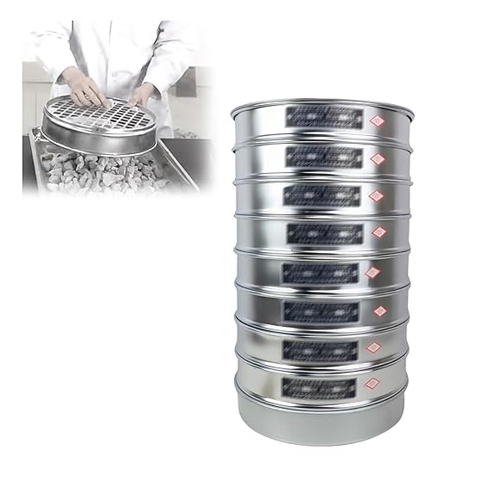Stainless Steel Gravel Sieve Set - 10-częściowy test laboratoryjny, średnica 30 cm z otworem kwadratowym, w tym dno i pokrowiec, do laboratorium, fabryki i ogrodu (14 szt.)