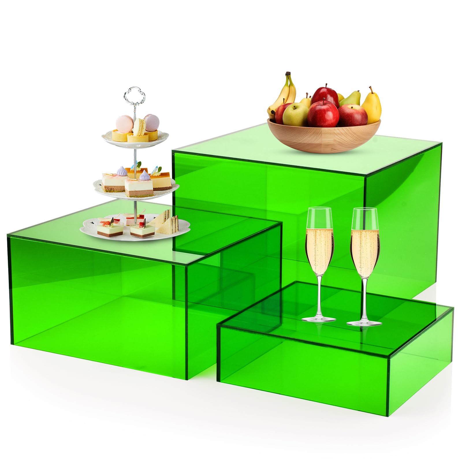 Elevadores de buffet verdes, 3 cajas de acrílico, elevadores de alimentos para mesa de buffet, elevador de exhibición para fiestas, bodas, catering, postres, coleccionables, figuras (6 x 7 x