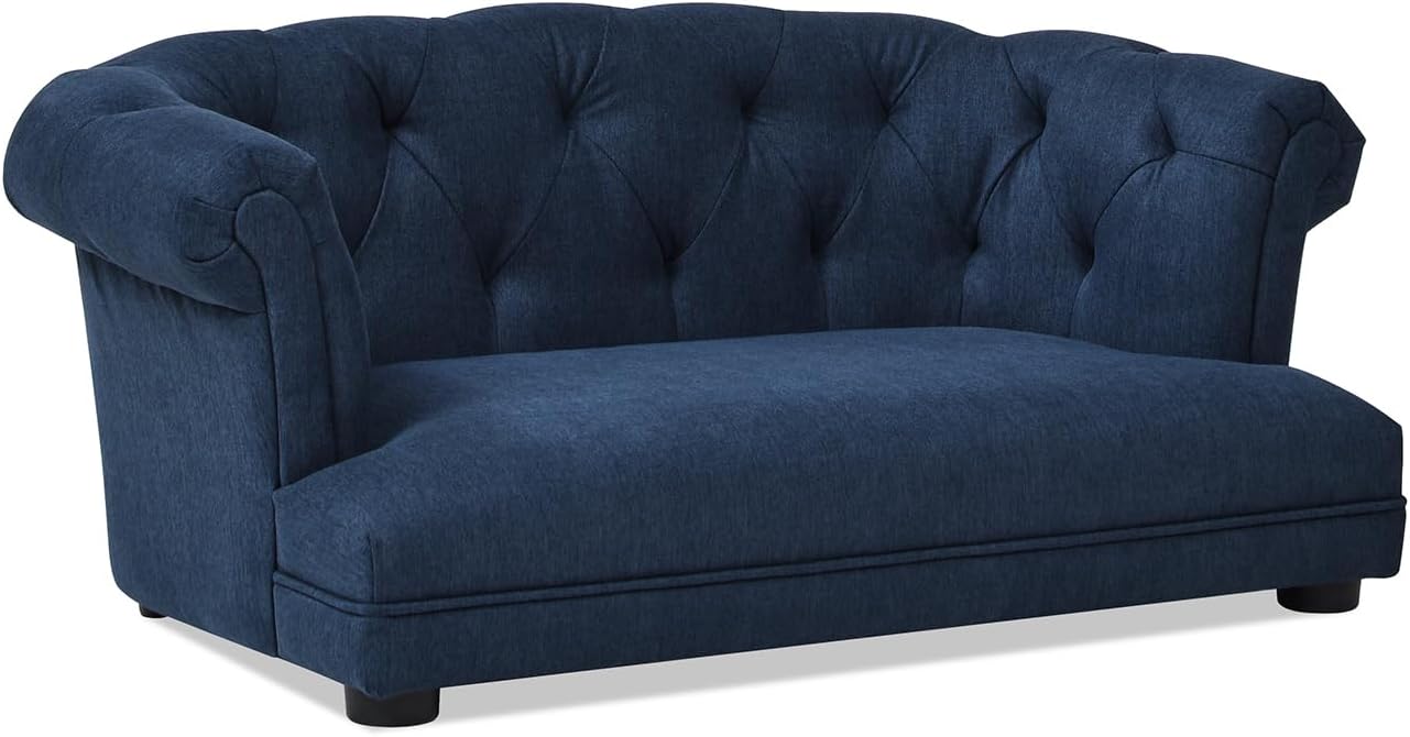 36.5" Chesterfield Dog Sofa Bed, Polyester Upholstered Pet Couch with Tufted Back, Foam Filled Dog Bed for Living Room or Bedroom, Medium Size, Blue