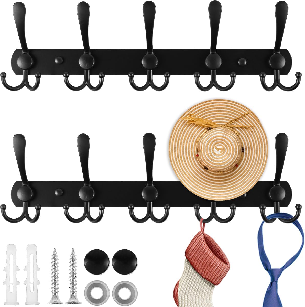 Coat Racks with 5 Hooks Wall Mounted Heavy Duty Rail Rustproof Towel Hook Rack Minimalist Wall Rack Hooks Multifunctional for Coat Hat Robes Towel Bathroom 41×12.7cm (Black 2PCS)