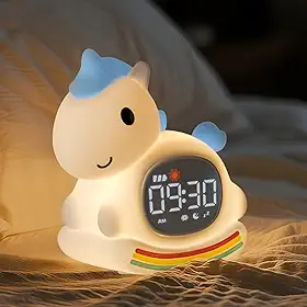 Despertador para crianças com luz noturna, relógio de treinamento de sono, hora de acordar, luz de silicone recarregável para quarto, companheiro de sono perfeito para meninos e meninas, pônei azul