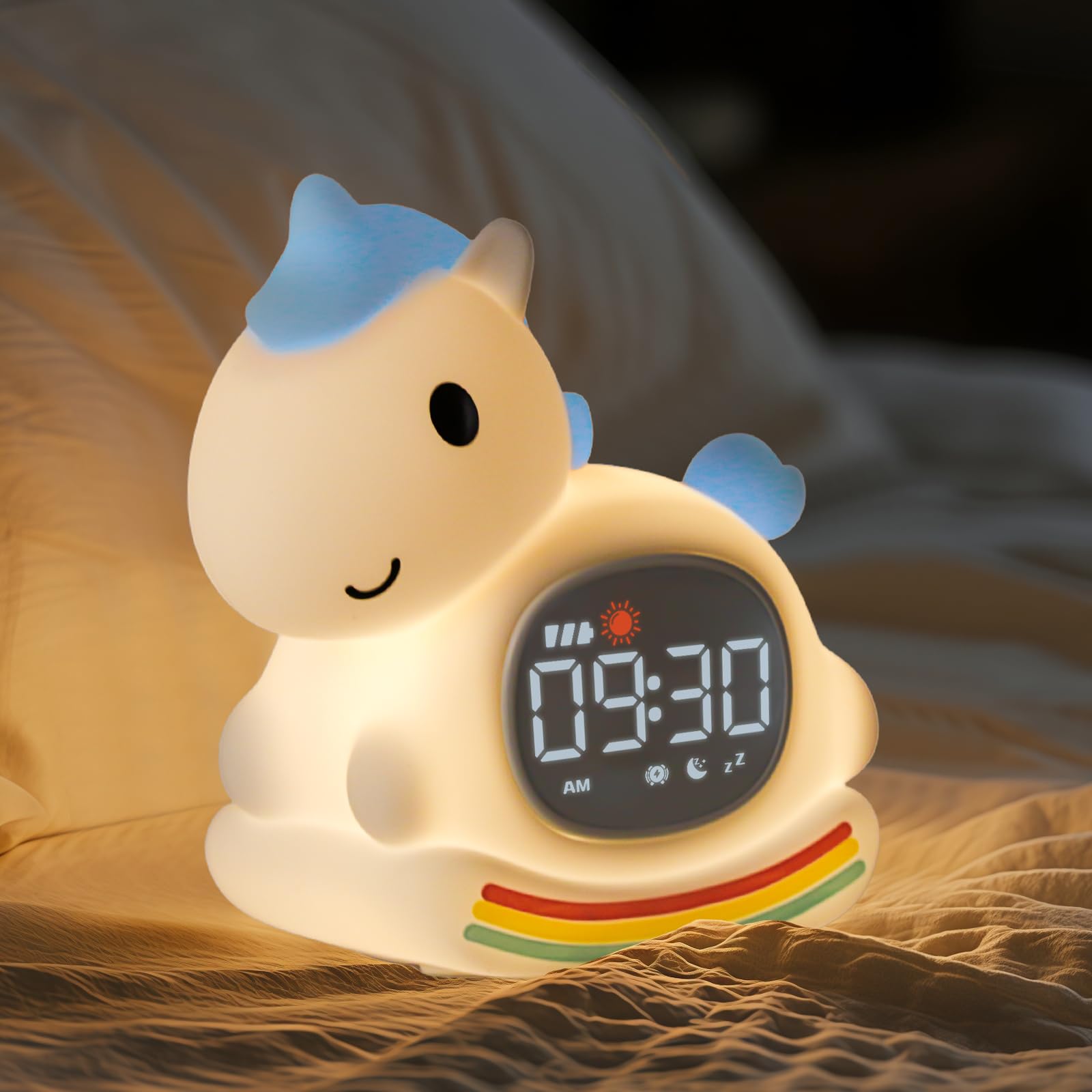 Alarm Clock with Night Light for Kids, Sleep Training Clock with Sound Machine, Rechargeable Silicone OK to Wake ClockCute Animal Tabletop Lamp, Perfect Sleep Companion for Boys Girls, Blue Pony