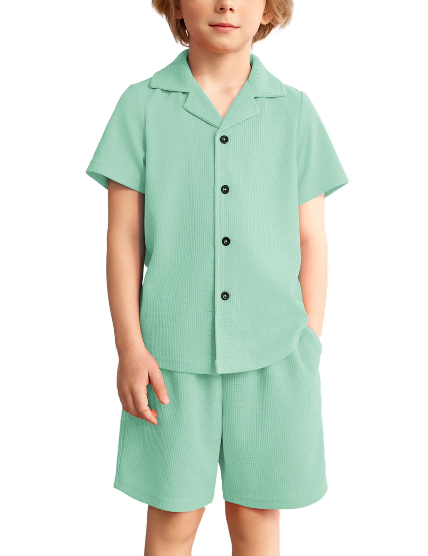 Arshiner Toddler Boys 2 Piece Summer Outfits Waffle Knit Short Sleeve Button Down Shirt &amp; Casual Shorts Sets Size 2-7