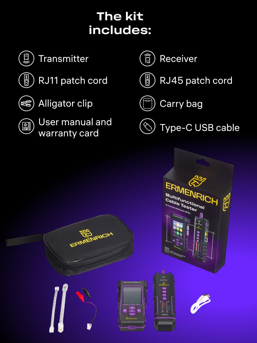 NetGeeks NP50 Tester per Cavi di Rete TDR PING PoE VFL e NCV RJ45 | CAT5/5E/6/6A con Scansione IP Test di Lunghezza del Cavo, Trova Guasti e Doppini Incrociati, Porta Lampeggiante, Controllo QC