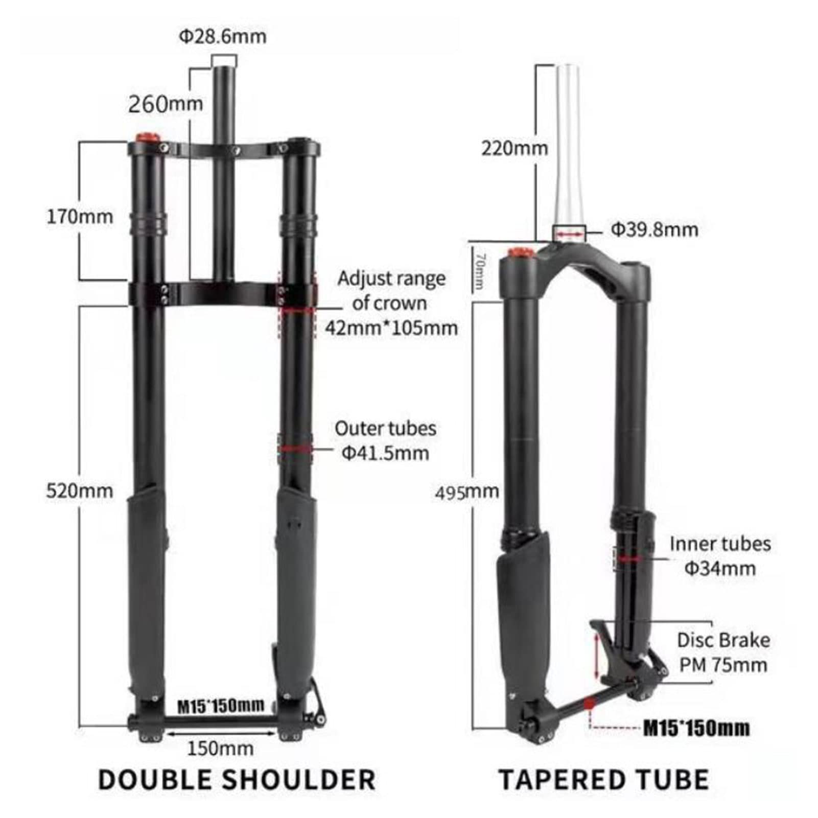 Forcella Anteriore con Sospensione pneumatica da 26 x 5 Pollici, Forcella rovesciata Speed Down da 15 x 150 mm, Doppi Freni a Disco per Bici elettrica, Accessori per Bici da Neve