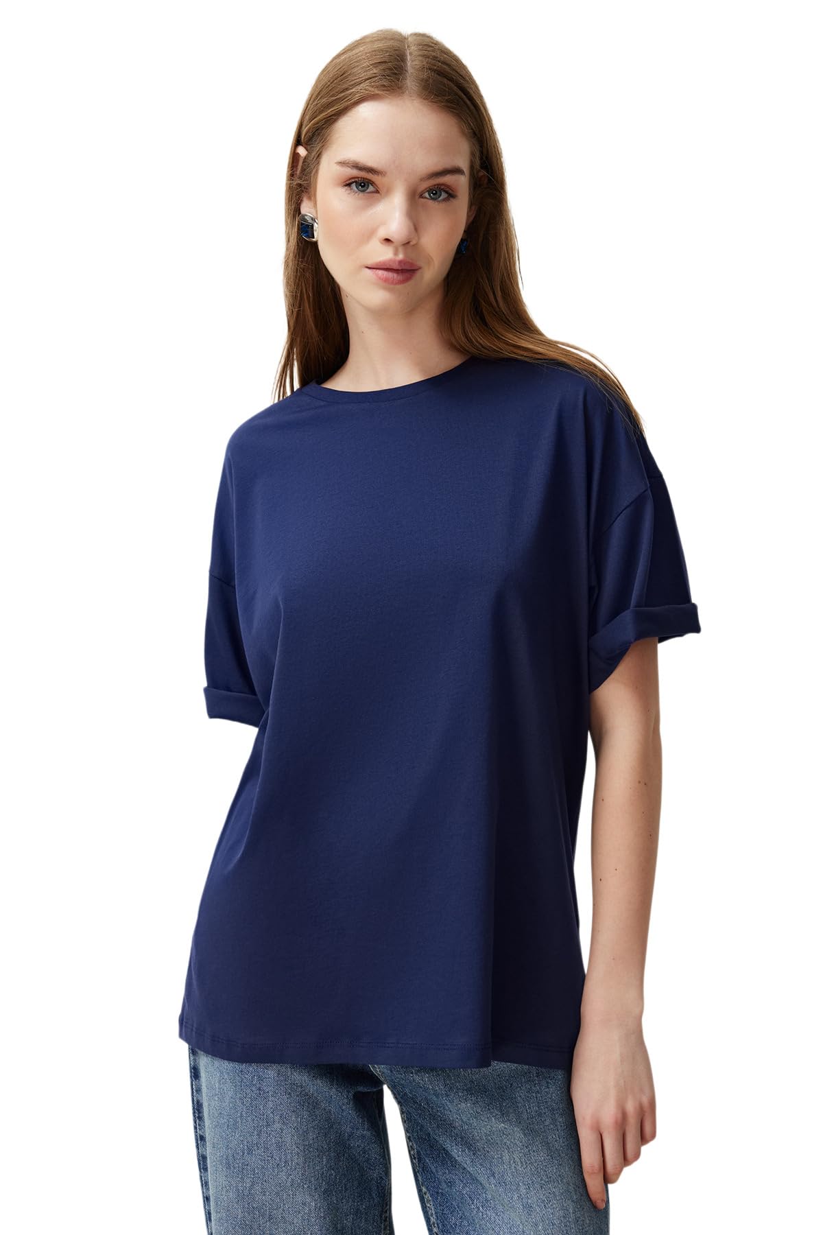Trendyol Damen Navy Blue 100% Baumwollfreund/Wide Fit Crew Hals Strick T-Shirt Twoss20TS0134, Marine Blue S