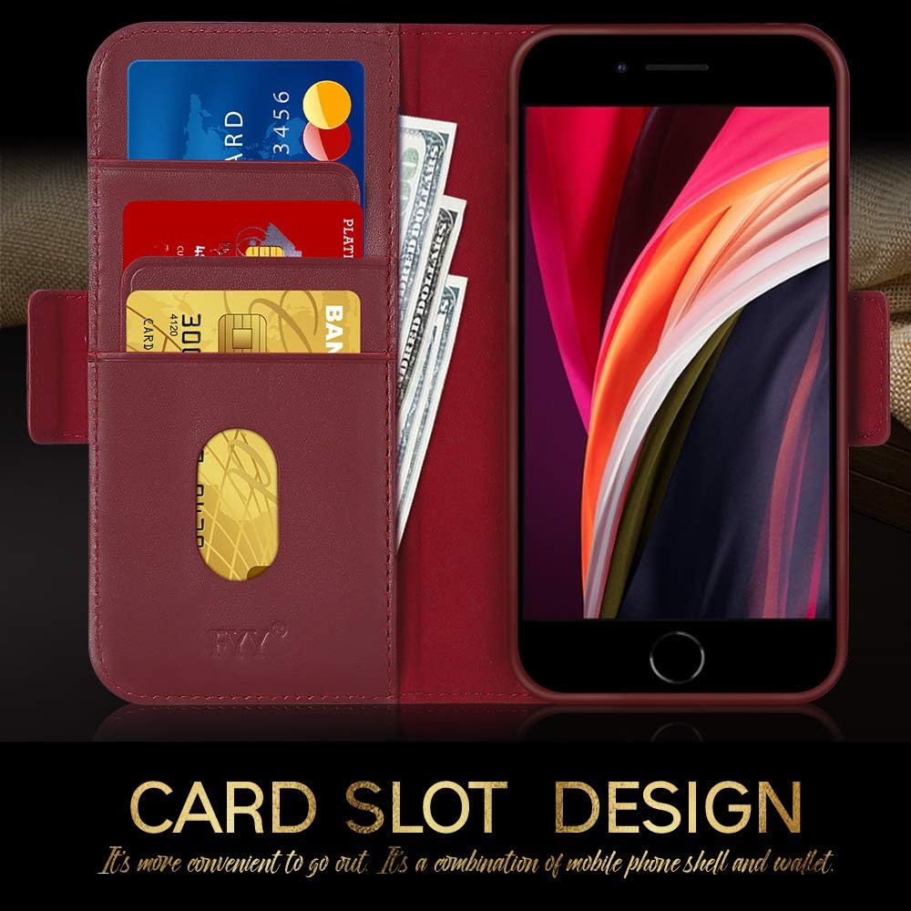 Suреr Dеаl Prоduсt FYY Case for iPhone SE Case 2022 (3rd Gen)/iPhone SE Case 2020(2nd Gen)/iPhone 7 Case/iPhone 8 Case 4.7,Luxury[Genuine Leather][RFID Blocking]Wallet Flip Case with Card Holder Kickstand Cover-WineRed