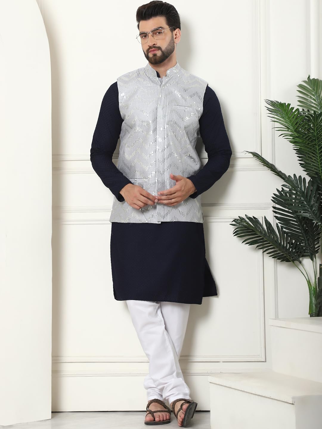 Sojanya (Since 1958 Men's Pure Cotton Navy Kurta And White Pyjama With Sequins Grey Nehru Jacket