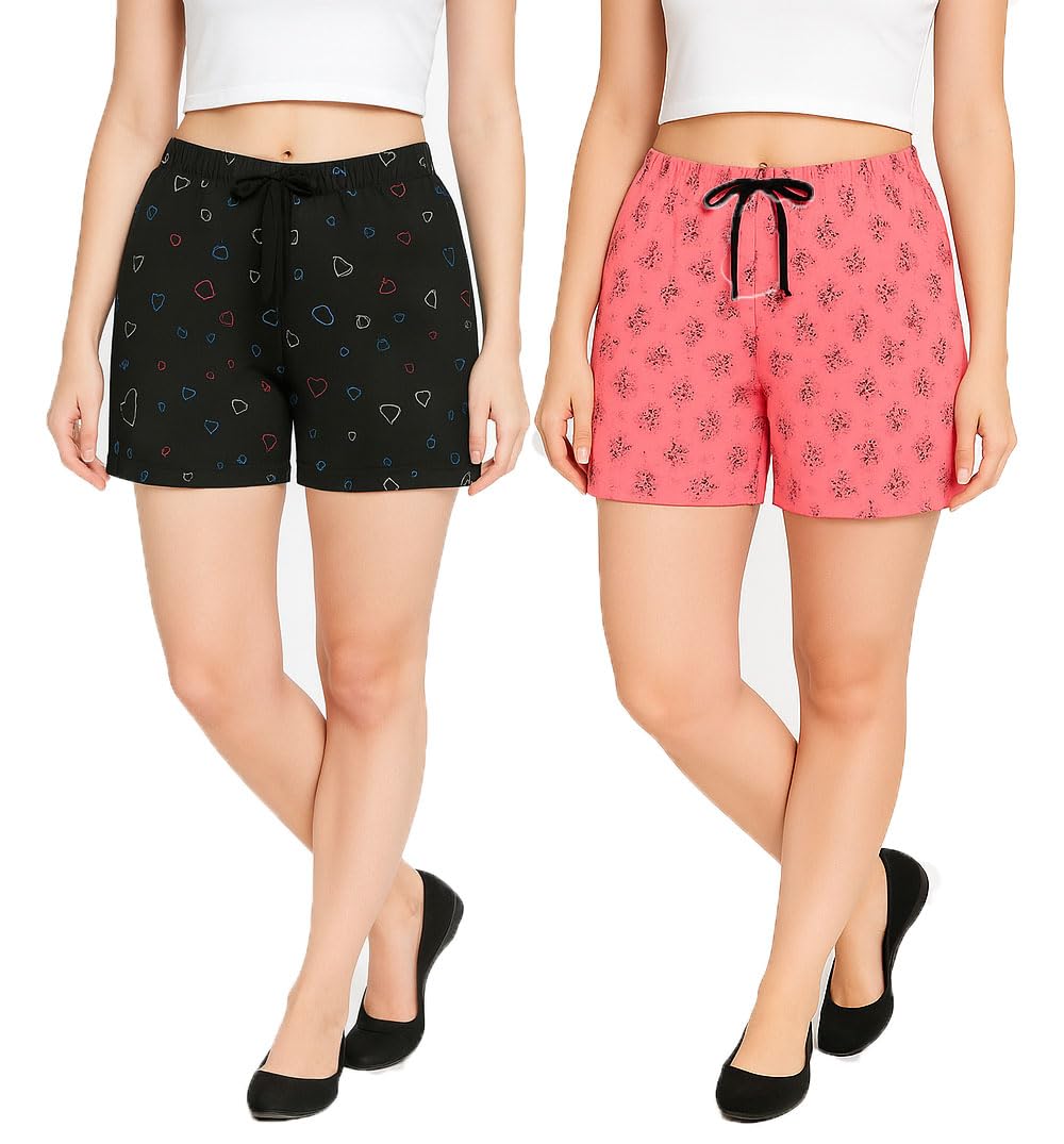 Womens Printed Shorts Knee Length Yoga and Gem Shorts for Girls Black, Pink 2Pack-picture-43