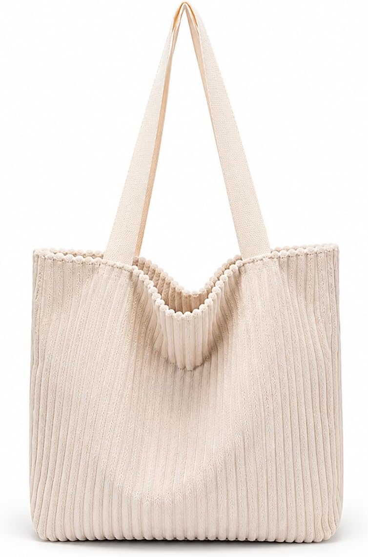 Korean Tote Bag Aesthetic Corduroy Canvas Handbag for Women Zipper Casual Large Capacity Shoulder Bag with Pockets Versatile Everyday use for College Work Travel & Shopping