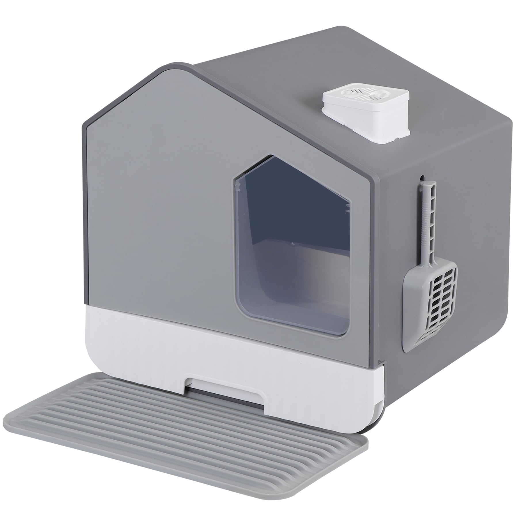 Saicool Large Enclosed Cat Litter Box, Odorless Cat Toilet Anti-Splashing Kitty Pan, Cat Box with Mat and Litter Scoop, Gray