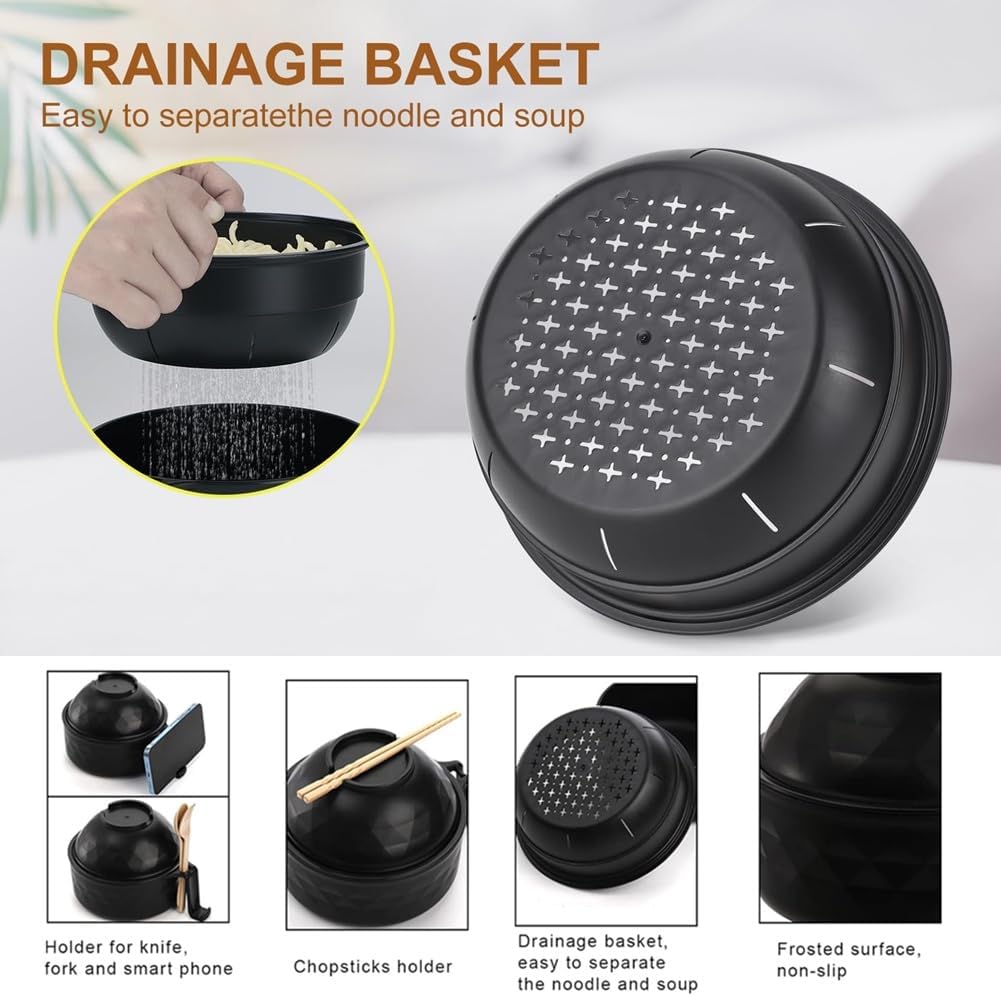 Microwave Ramen Bowl 6 in1 Microwave Ramen Cooker Set with Lid Strainer Chopsticks Fork Spoon 33oz Microwave Noodle Bowl Quick Ramen Cooker with Handle and Phone Holder Instant Noodles Bowl image 4