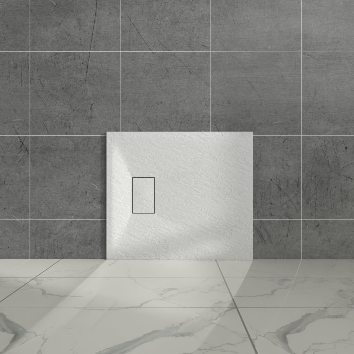 Aquariss White Rectangular Shower Tray Slate Effect SMC Slip-Resistant Shower Base for Bathroom Enclosures 900x700mm with Waste