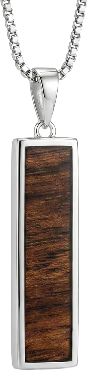 925 Sterling Silver Hawaiian Heirloom Scroll Koa Wood Bar Necklace Pendant with 18" Box Chain, Nickel Free Hypoallergenic for Sensitive Skin, Gift Box Included