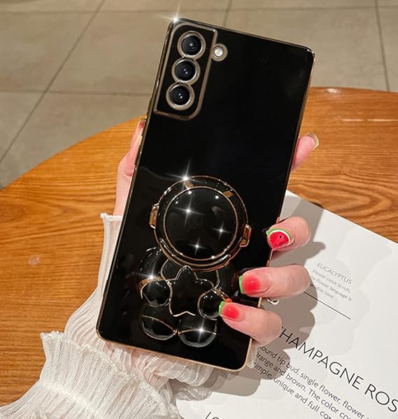 Samsung Galaxy A04S/A13 5Gケース 6D かわいい宇宙飛行士 隠れたキックスタンドデザイン、高級グリッターソフトTPUバンパー漫画折りたたみブラケットGilryスマホケース Samsung A04S/A13 5G用 レディース ガールズ ブラック