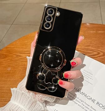 Samsung Galaxy A04S/A13 5Gケース 6D かわいい宇宙飛行士 隠れたキックスタンドデザイン、高級グリッターソフトTPUバンパー漫画折りたたみブラケットGilryスマホケース Samsung A04S/A13 5G用 レディース ガールズ ブラック
