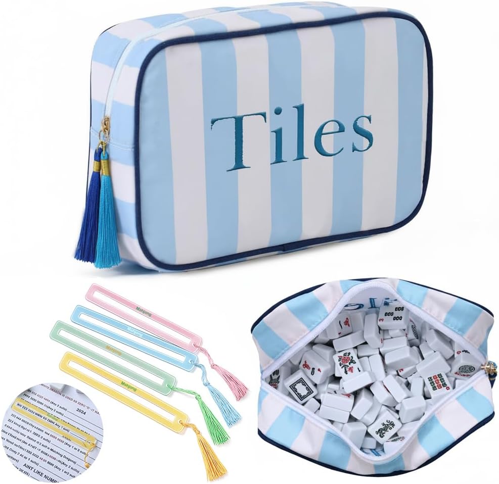 Empty Mahjong Tiles Bag with 4 Pcs Acrylic Mahjong Line Finder Cards,Mahjong Tile Bags with Zipper for Game Party Travel Gatherings Accessories 9.4 x 6.1 x 3.1 in (Pink)