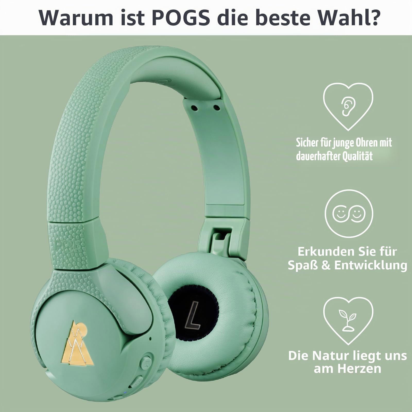 POGS Drahtloser Bluetooth Kinderkopfhörer | The Gecko 2 | Faltbarer robuster Kinderkopfhörer ab 3 Jahren | Lautstärkebegrenzung 70-85 dB | Mikrofon | On-Ear | Drahtlose Musik-Sharing-Funktion (rGrün)