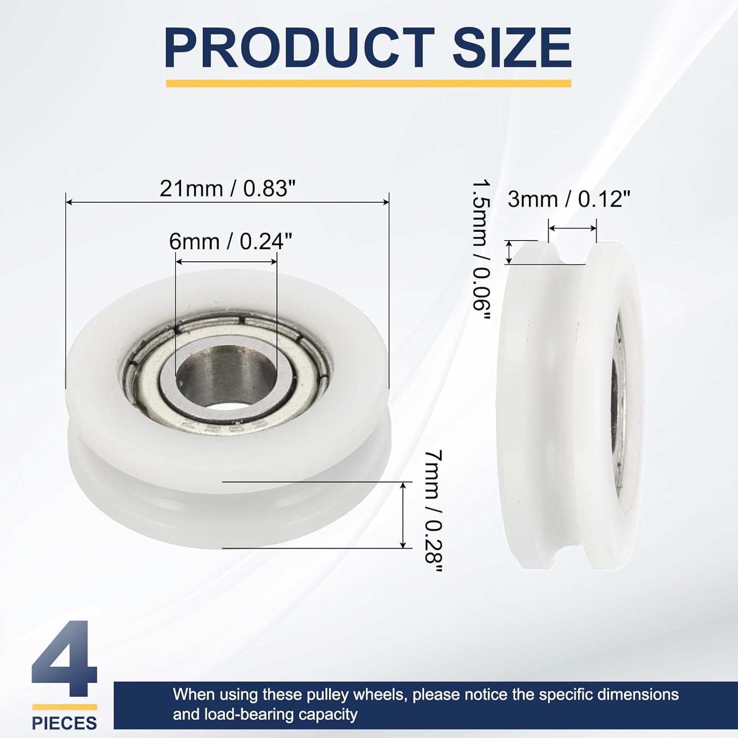 MECCANIXITY U Groove Ball Bearing Roller, 6 x 21 x 7mm Nylon Pulley Guide Wheel Stainless Steel Track Wheel Heavy Duty Replacement for Slide Door Window Mechanical Equipment, White Pack of 4