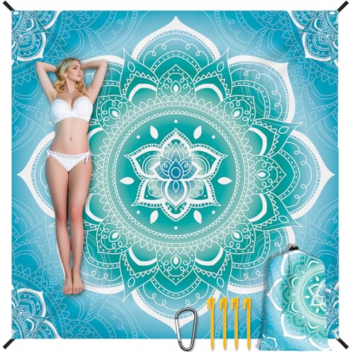 Stranddecke Sandfrei Wasserdicht Mandala 200x220cm Große Strandmatte Picknickdecke für 4-6 Personen Leicht Tragbar Strandmatte Outdoor Decke mit 4 Heringen für Strand Wandern Reisen Camping, Türkis
