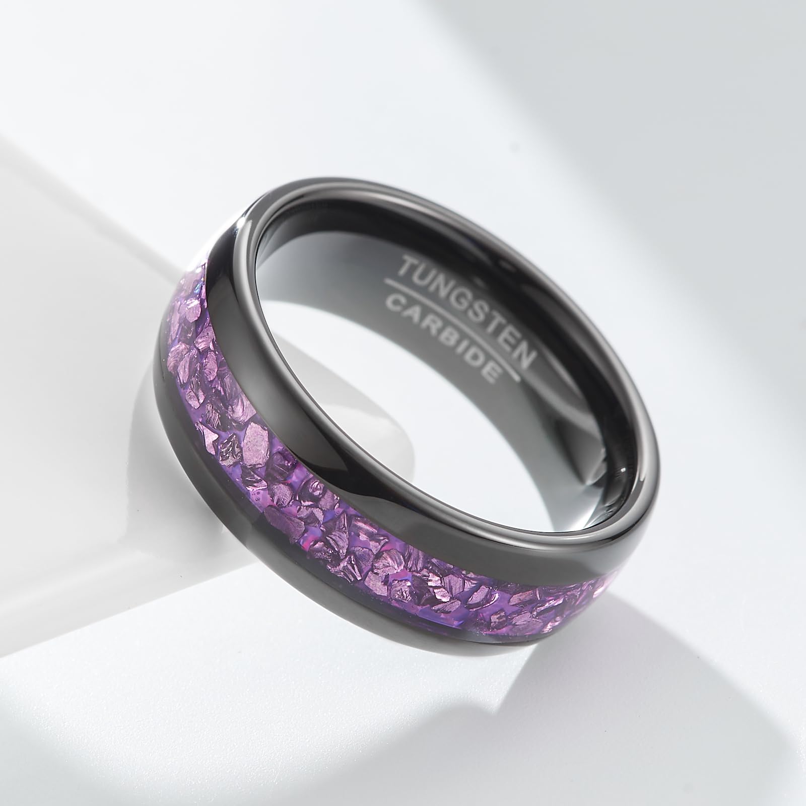Fascia Nuziale Donna Aurora - Anello in Tungsteno Nero Larghezza 4mm o 8mm con Intarsio Viola Effetto Cristallo (Misura USA)