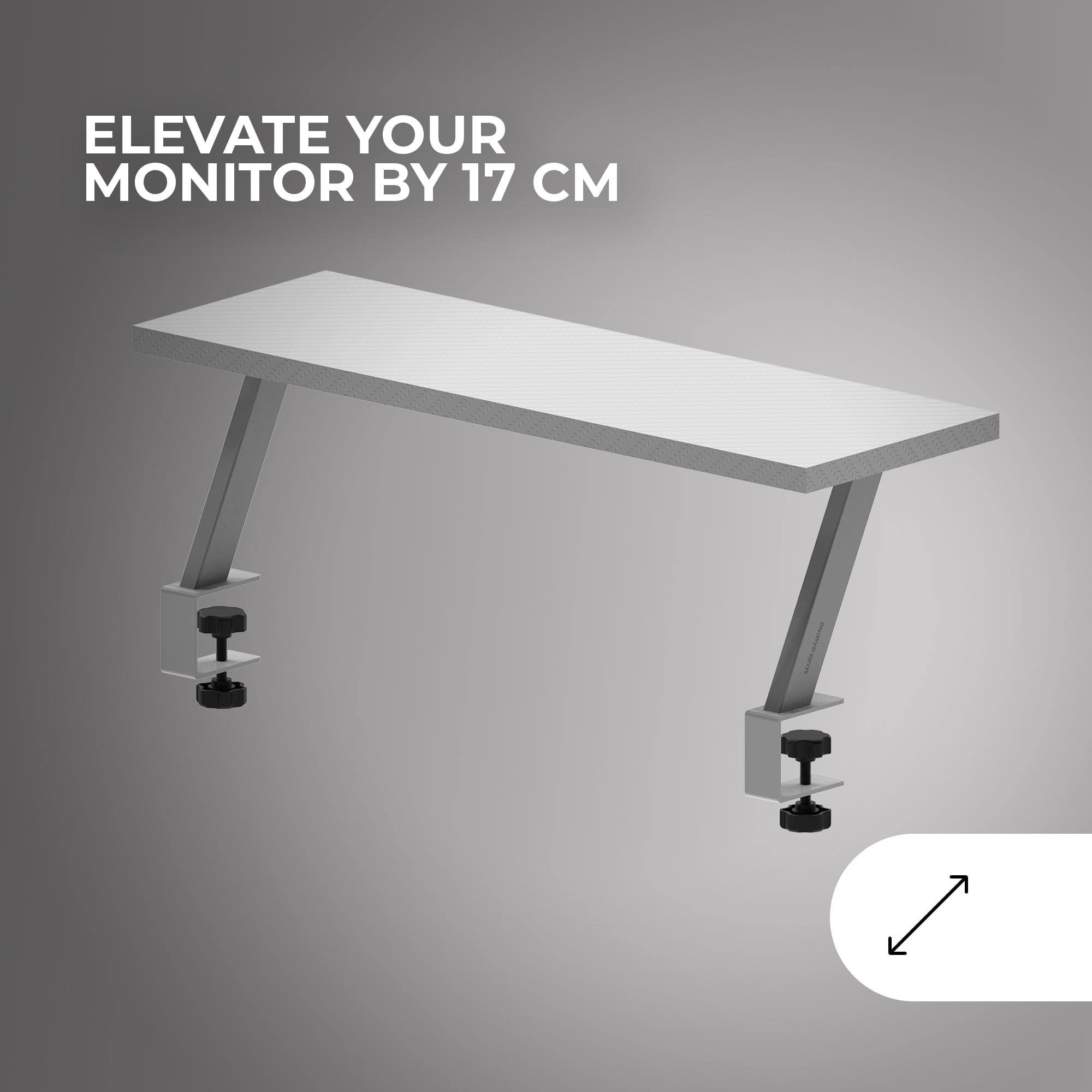 MARS GAMING MGDS, Ergonomic Monitor Stand Riser, 60X20CM Carbon Fiber Table Top, Steel Frame, White