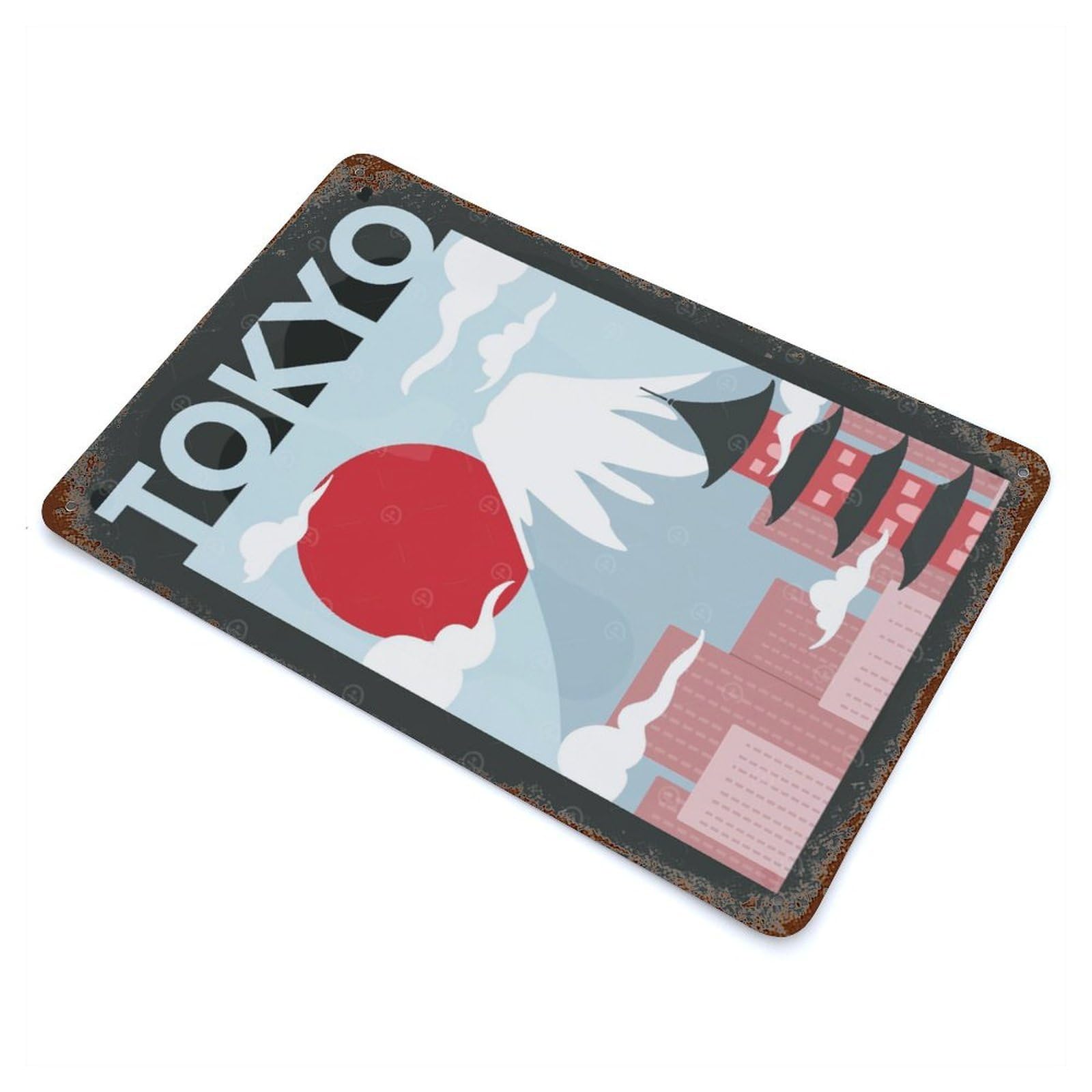 Vintage Rust Metal Sign with Visiting Tokyo Skyline Design 11.8"x7.9", for Garage, Bar And Workshop Decor, Retro Wall Decor