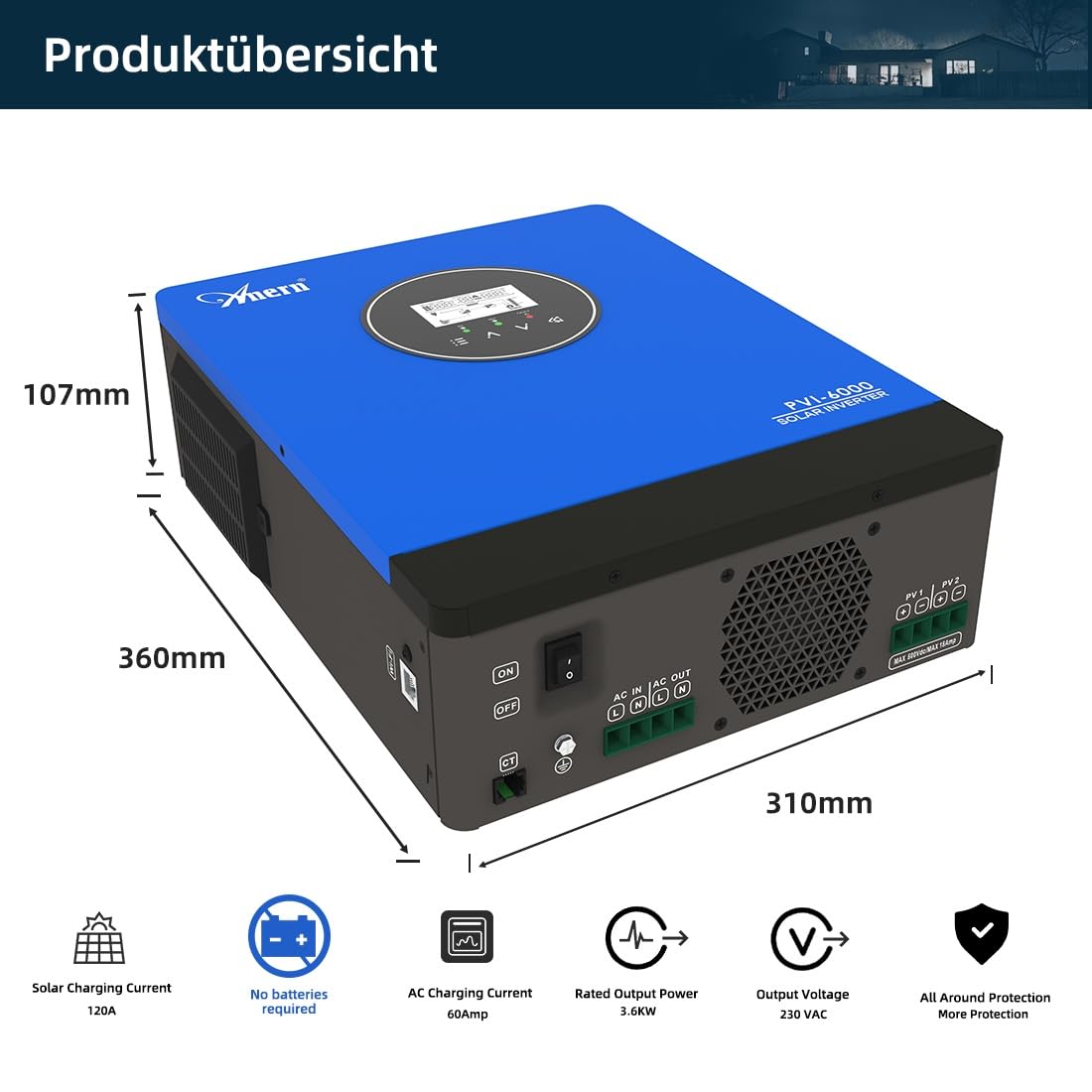 Anern 10kW Hybrid Solar Wechselrichter 220 V/230 V AC mit 2 MPPT, Max.Eingang PV 500 VDC, Photovoltaik Wechselrichter für Wasserpumpen, Generatoren, Solaranlagen, funktioniert ohne Batterie