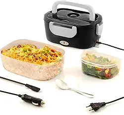 Marmita Elétrica Portátil Bivolt 1,5L + Cabo Veicular com Divisória e Colher Aquecimento Rápido, Tampa com Vedação, Pote Extra e Alça Reforçada para Refeições Fora de Casa