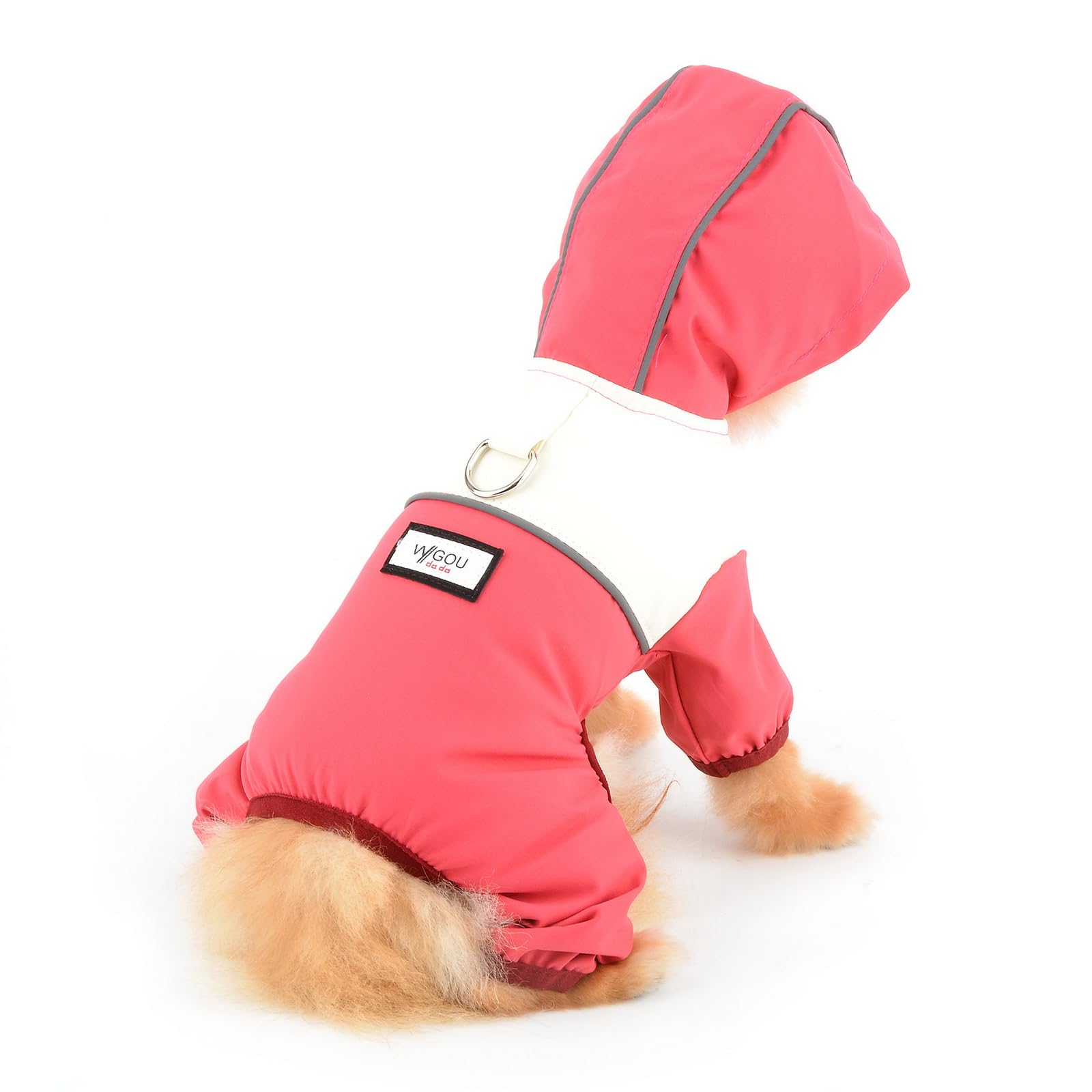 PAIDEFUL Colorblock Small Dog 4 Legged Raincoat Waterproof Jumpsuit with Button D-Ring Puppy Hooded Slicker Poncho Reflective Windproof Pet Clothes Lightweight Cat Apparel,Red,XL