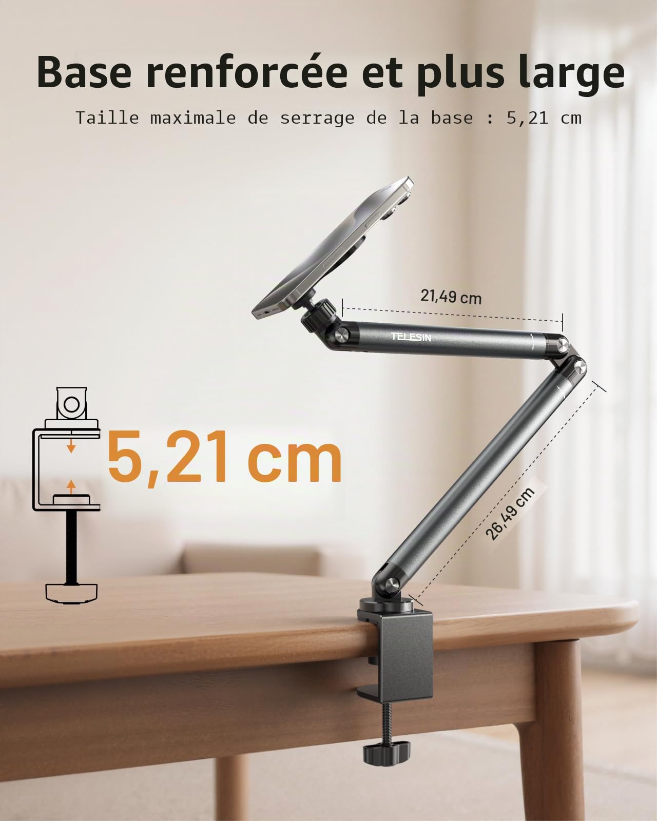 TELESIN Support Tablette de Serrage Magnétique pour Lit | RéGlable Rotatif à 360° avec Bras Stable, Support Porte-Pince Magnétique pour Magsafe/iPhone/Android/IPad