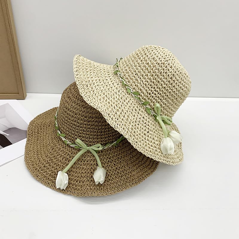 Sombrero de Paja de ala Ancha Transpirable de Verano para Mujer,Sombrero de Paja Tejido con Protección UV y Decoración de Tulipán,Sombrero de Playa Ligera para Jardín,Viajes y Exteriores