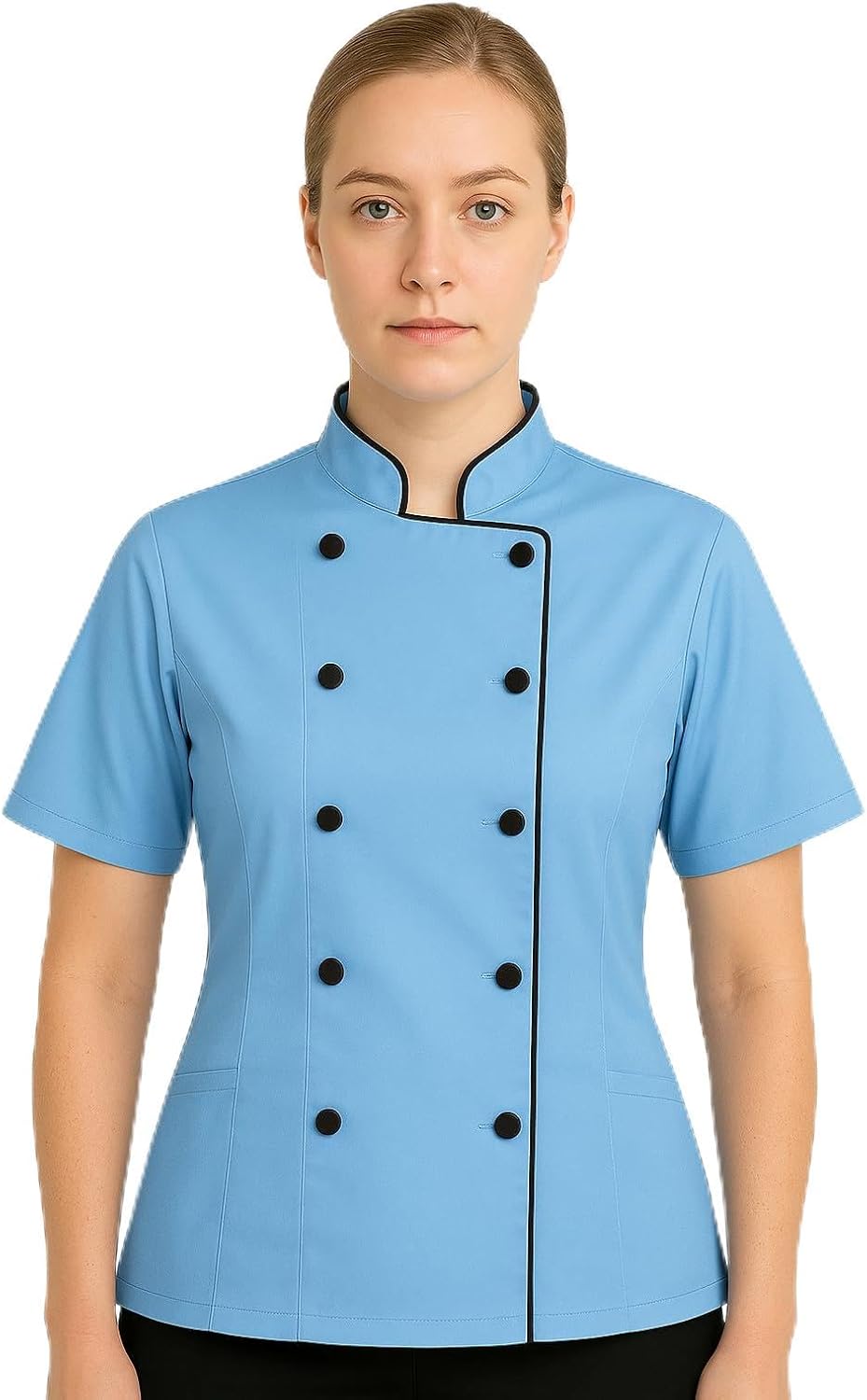 Women’s Short Sleeve Chef Coat – Double-Breasted Kitchen Uniform with Black Trim & Modern Fit
